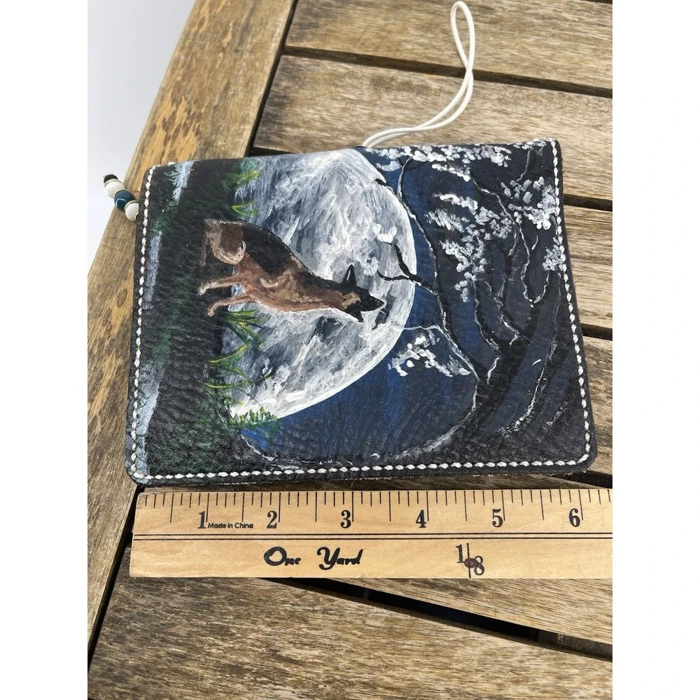 Hand Painted Leather Journal Wolf Moon Handmade Notebook Sketchbook